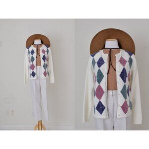 Vintage 90s Acrylic Argyle‎ Cardigan |size PS